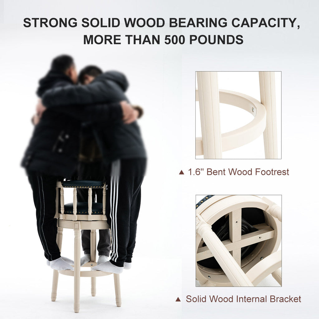 Leather Wooden Bar Stools - 26'' Height - White