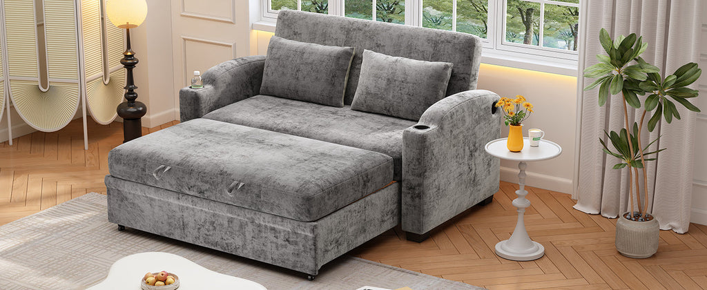 61.6" Pull Out Sofa Bed - Modern Chenille Convertible Loveseat