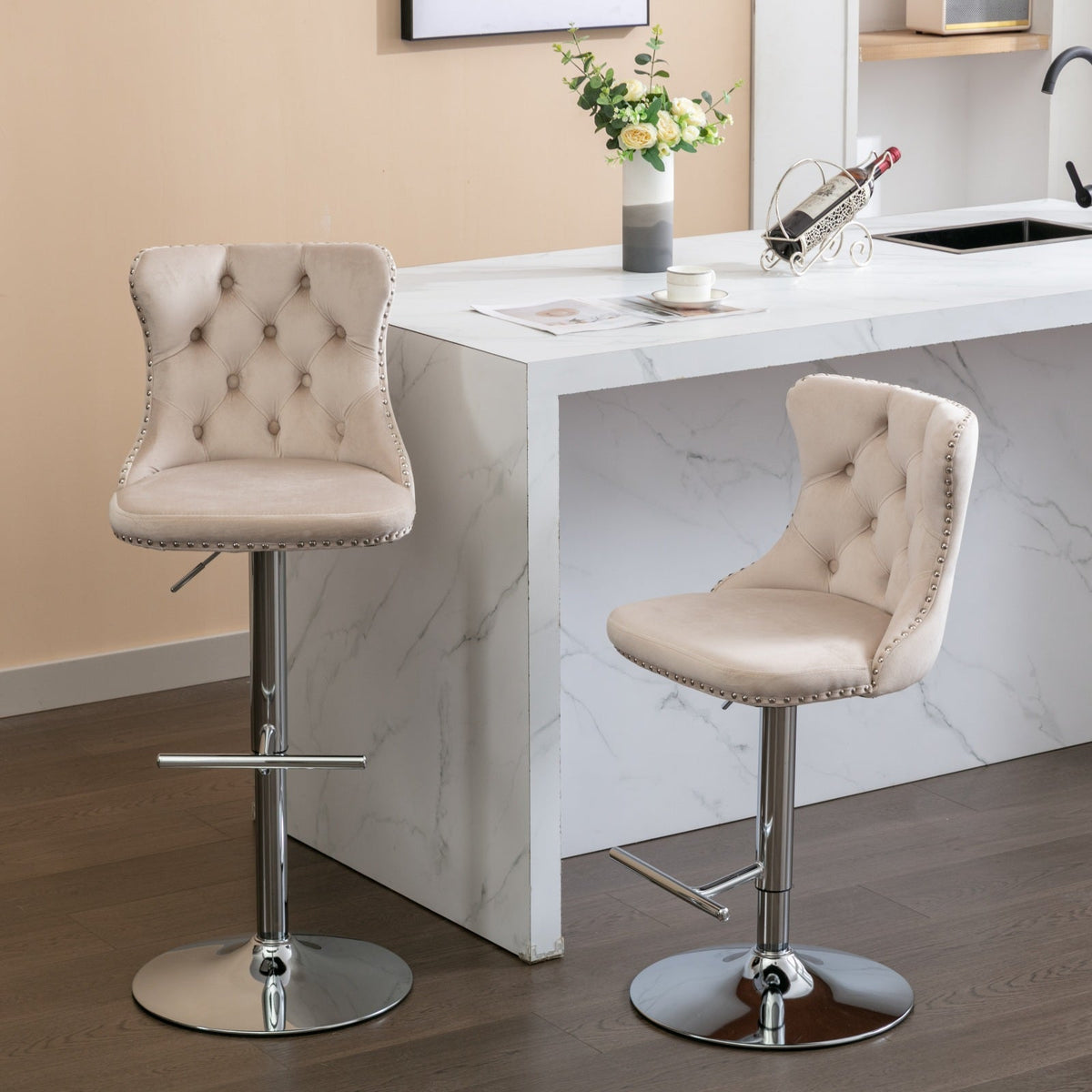 Swivel Velvet Barstools Adjustable Seat Height