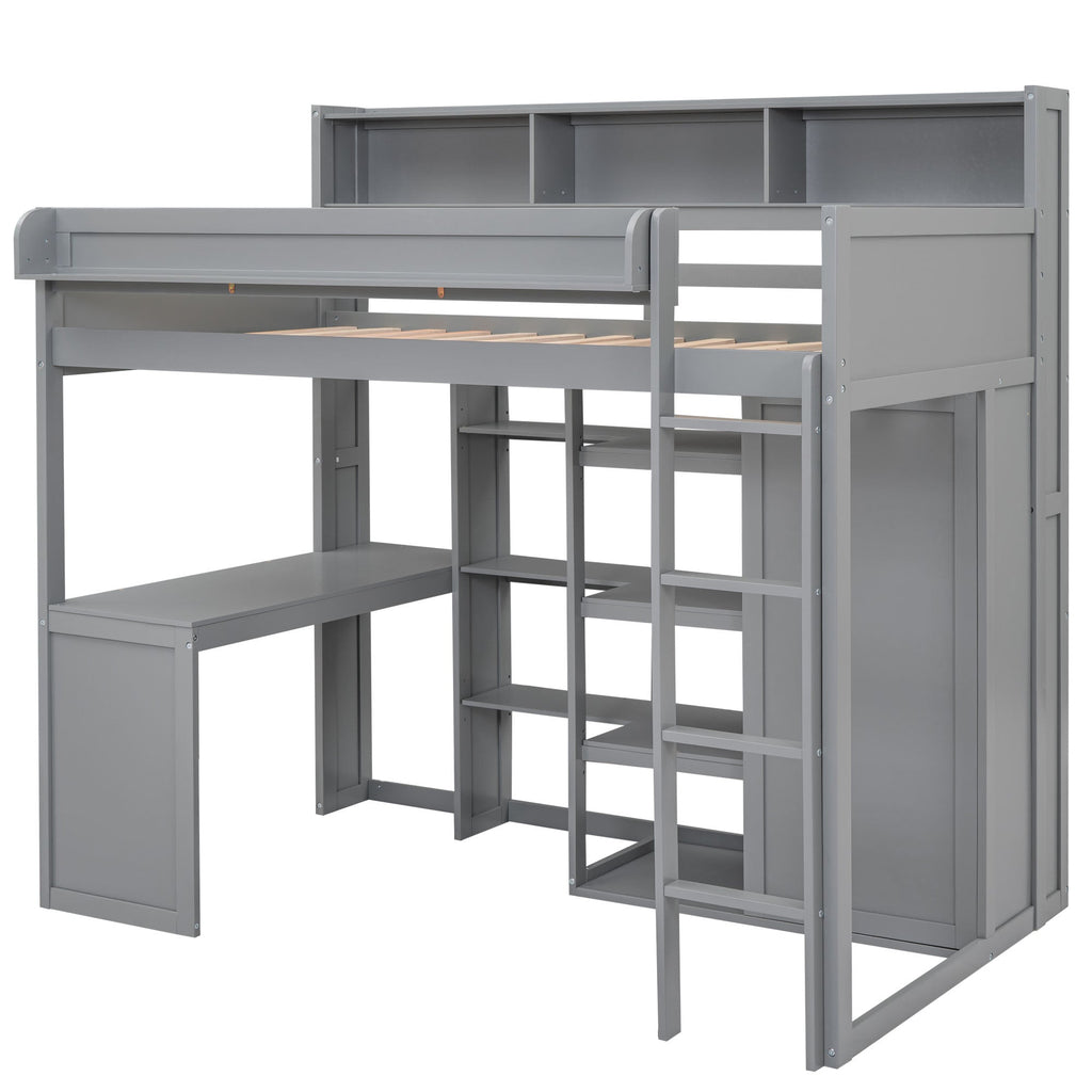 Wood Twin Size Loft Bed with Multiple Storage Shelves and Wardrobe