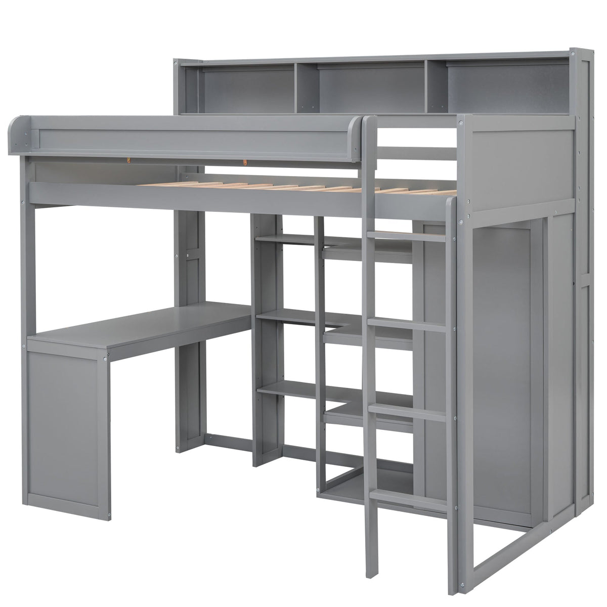 Wood Twin Size Loft Bed with Multiple Storage Shelves and Wardrobe