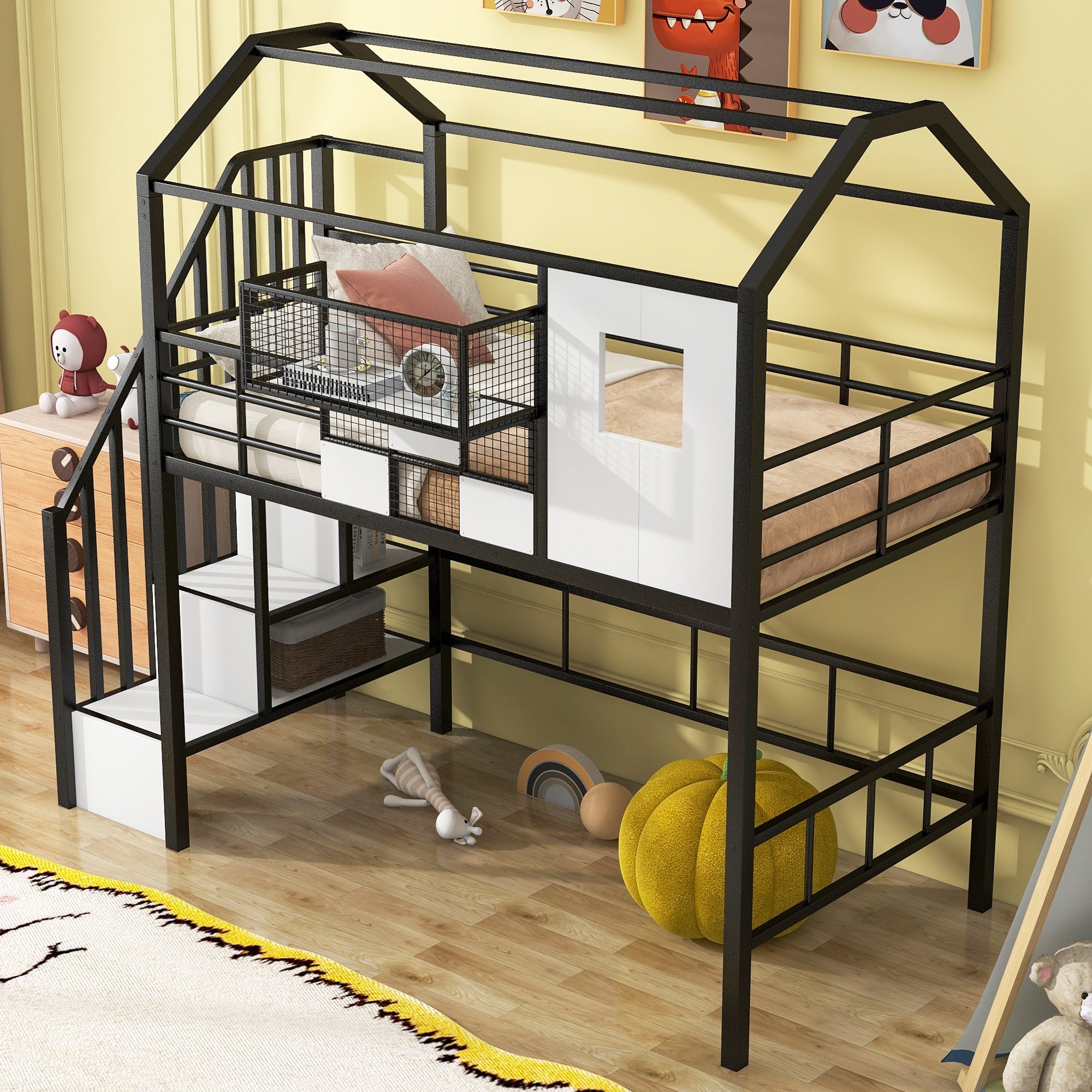 Metal Loft Bed with Roof Design and Storage Box, Twin