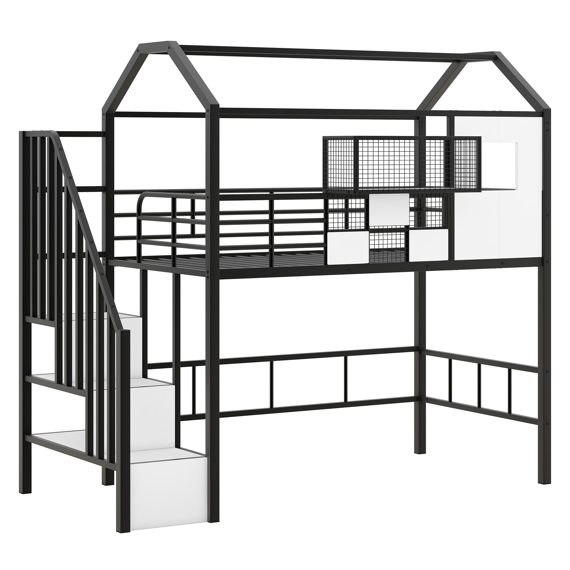 Metal Loft Bed with Roof Design and Storage Box, Twin