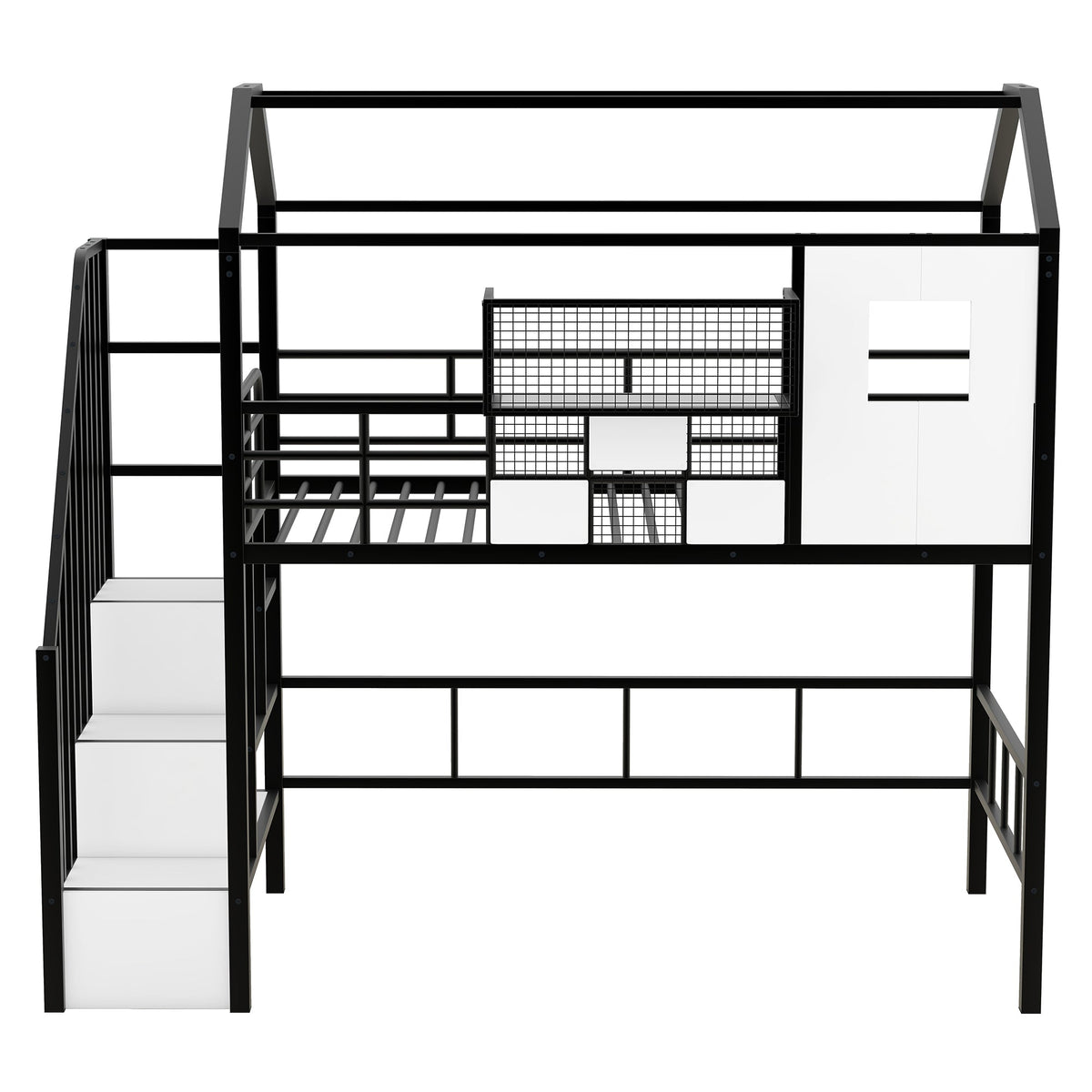 Metal Loft Bed with Roof Design and Storage Box, Twin