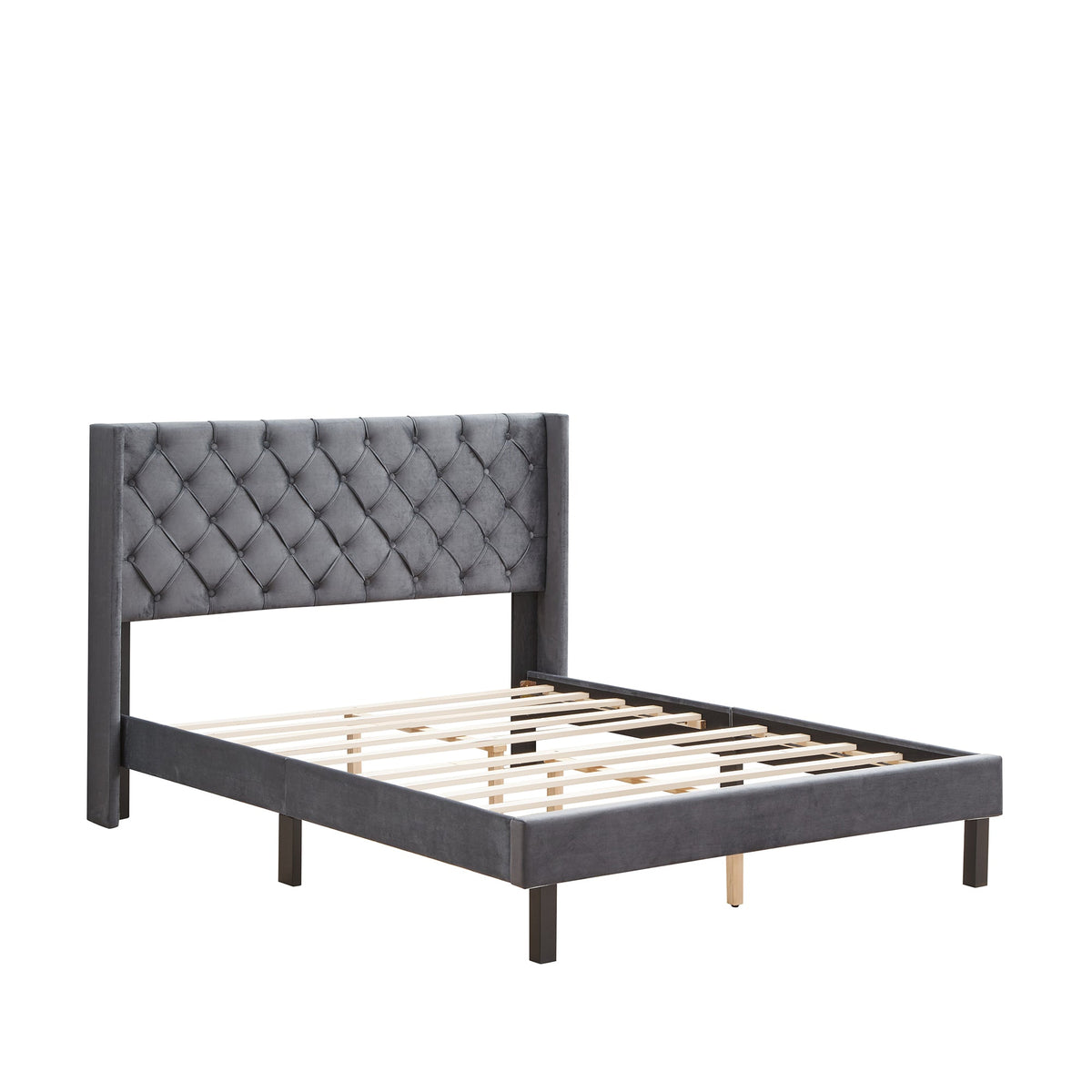 Velvet Button Tufted Upholstered Bed with Wings Design
