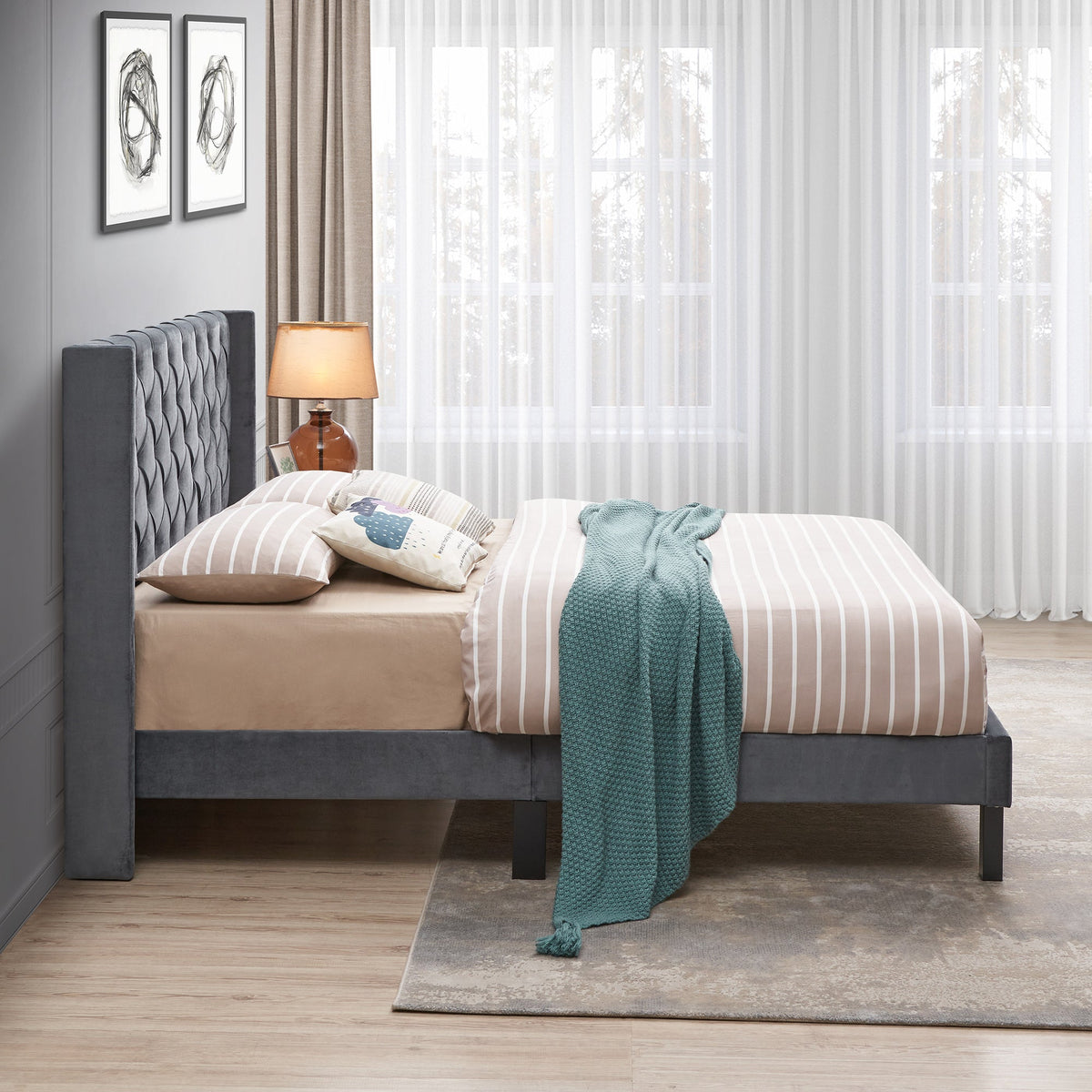 Velvet Button Tufted Upholstered Bed with Wings Design