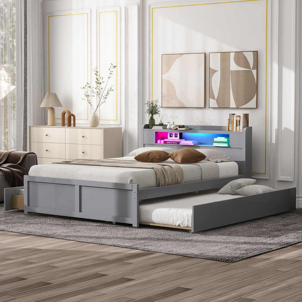 Queen Size Wood Storage Platform Bed with LED, 2 Drawers and 1 Twin Size Trundle