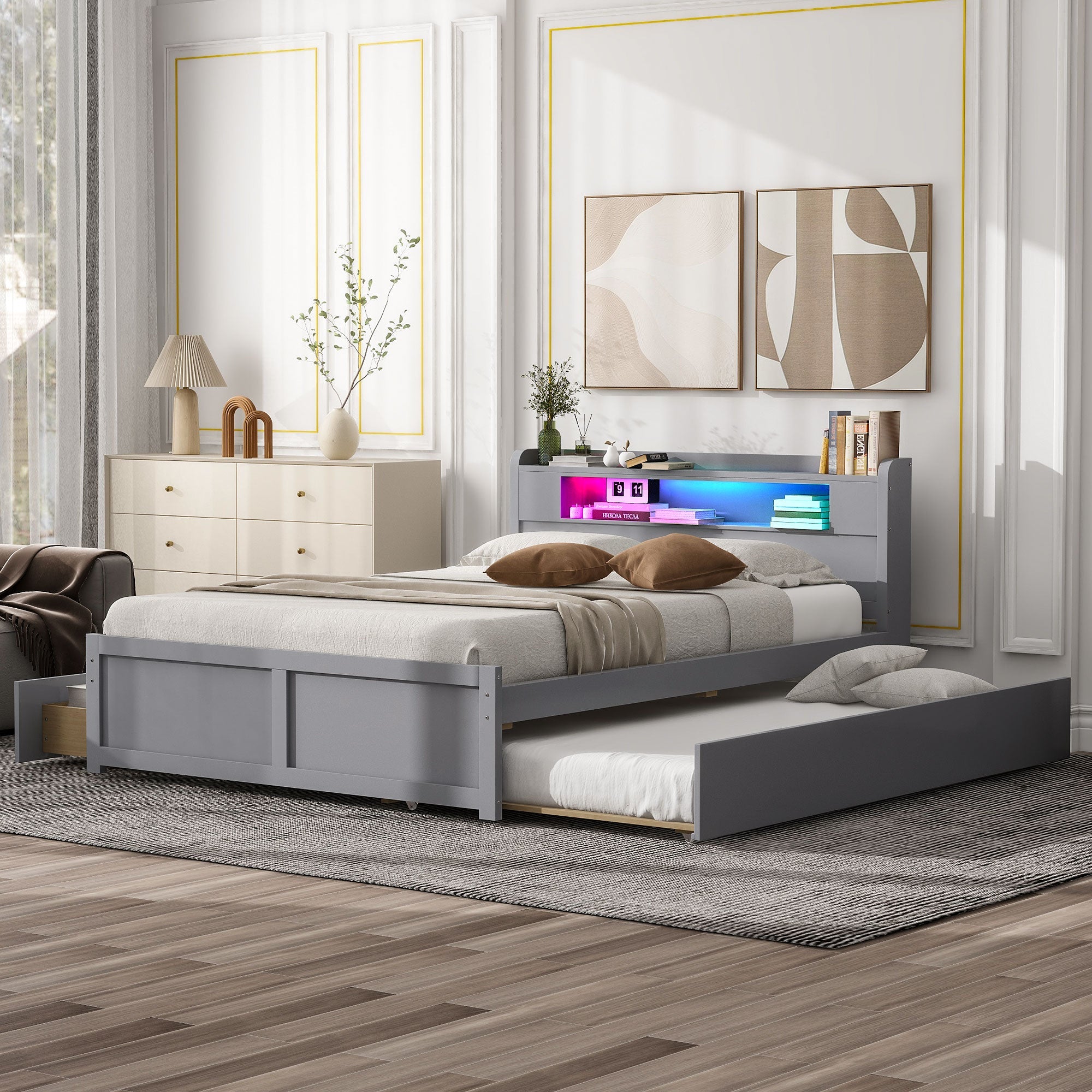 Queen Size Wood Storage Platform Bed with LED, 2 Drawers and 1 Twin Size Trundle