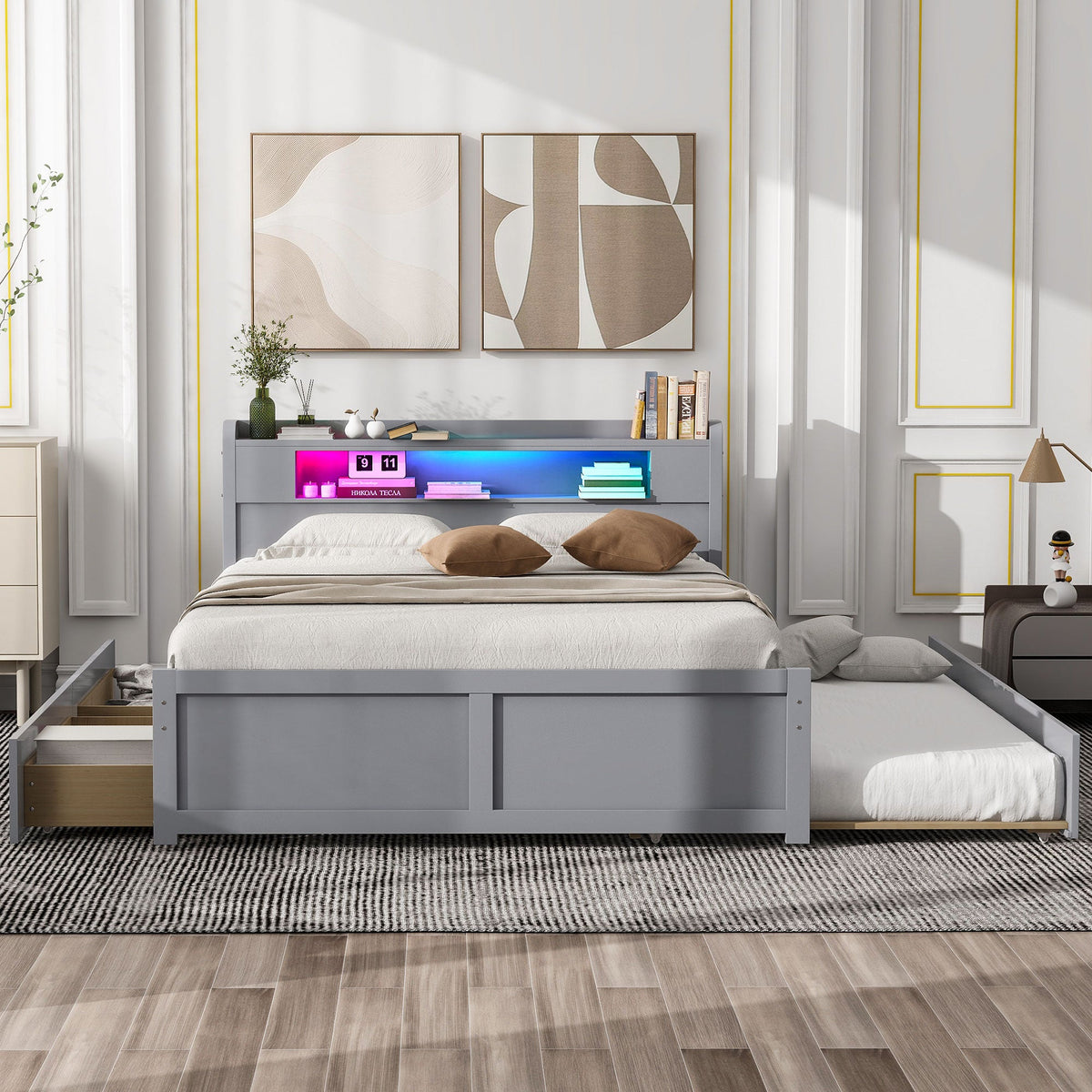 Queen Size Wood Storage Platform Bed with LED, 2 Drawers and 1 Twin Size Trundle