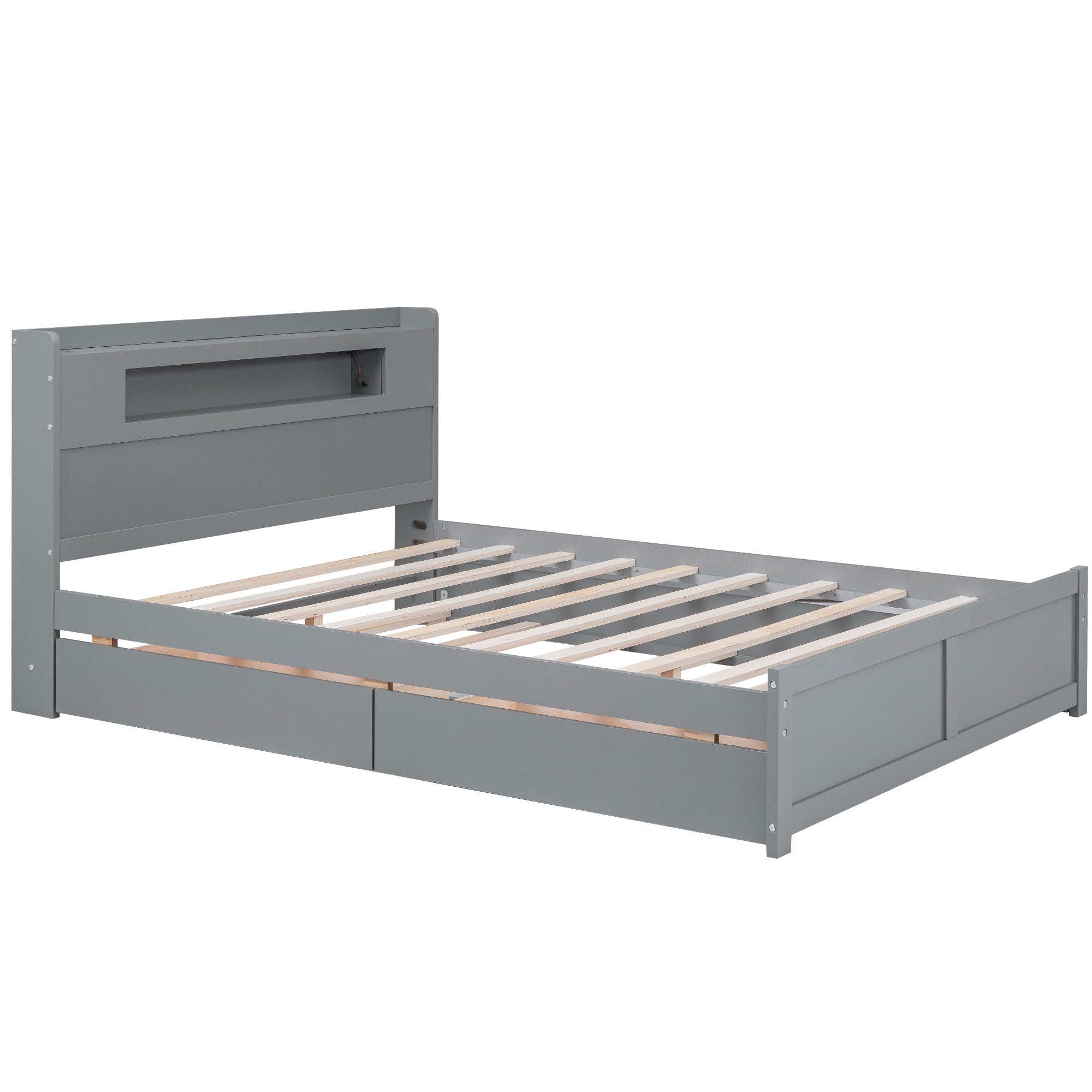 Queen Size Wood Storage Platform Bed with LED, 2 Drawers and 1 Twin Size Trundle