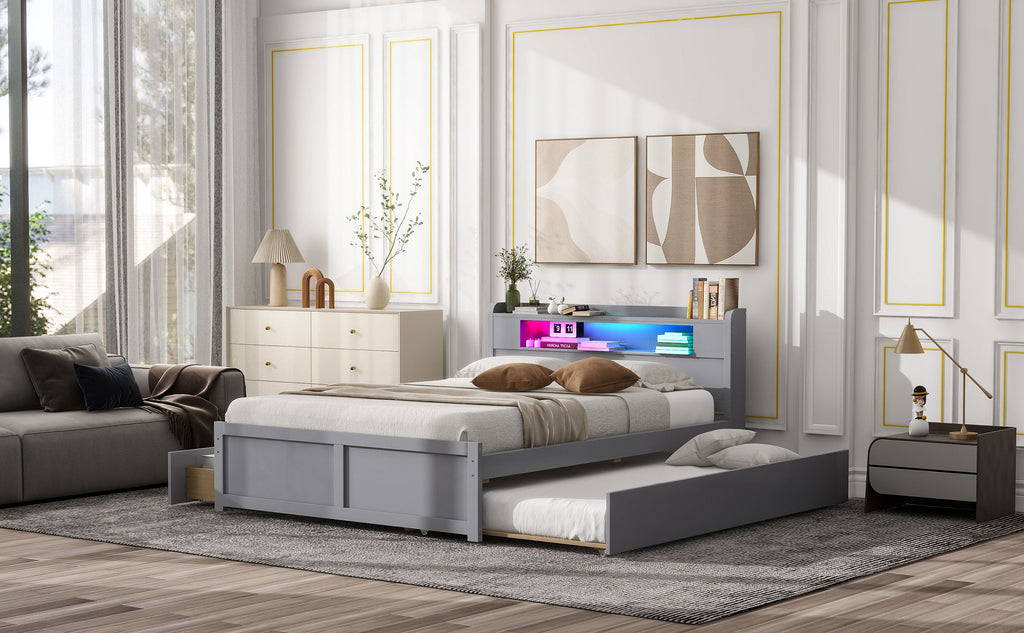 Queen Size Wood Storage Platform Bed with LED, 2 Drawers and 1 Twin Size Trundle
