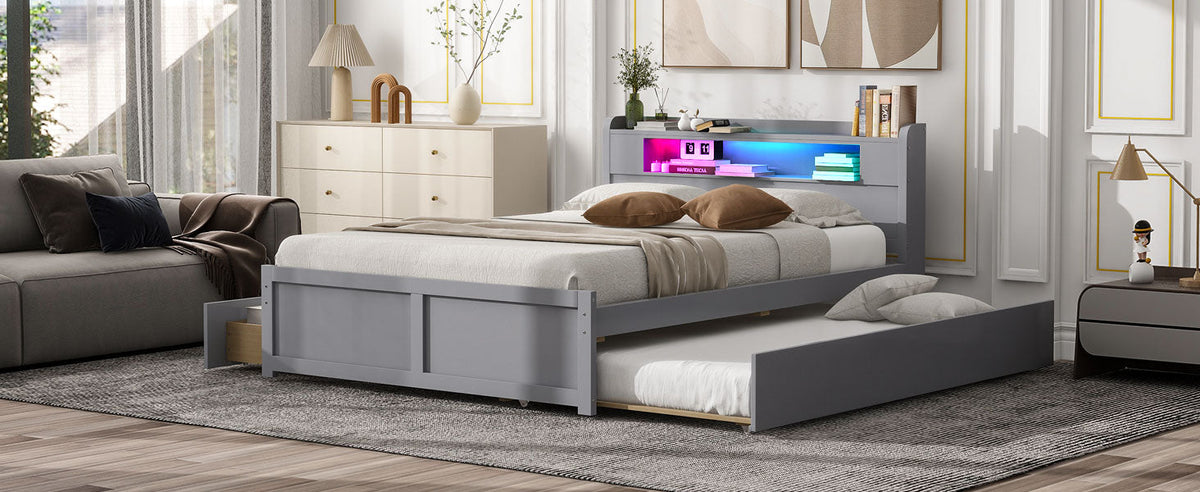 Queen Size Wood Storage Platform Bed with LED, 2 Drawers and 1 Twin Size Trundle
