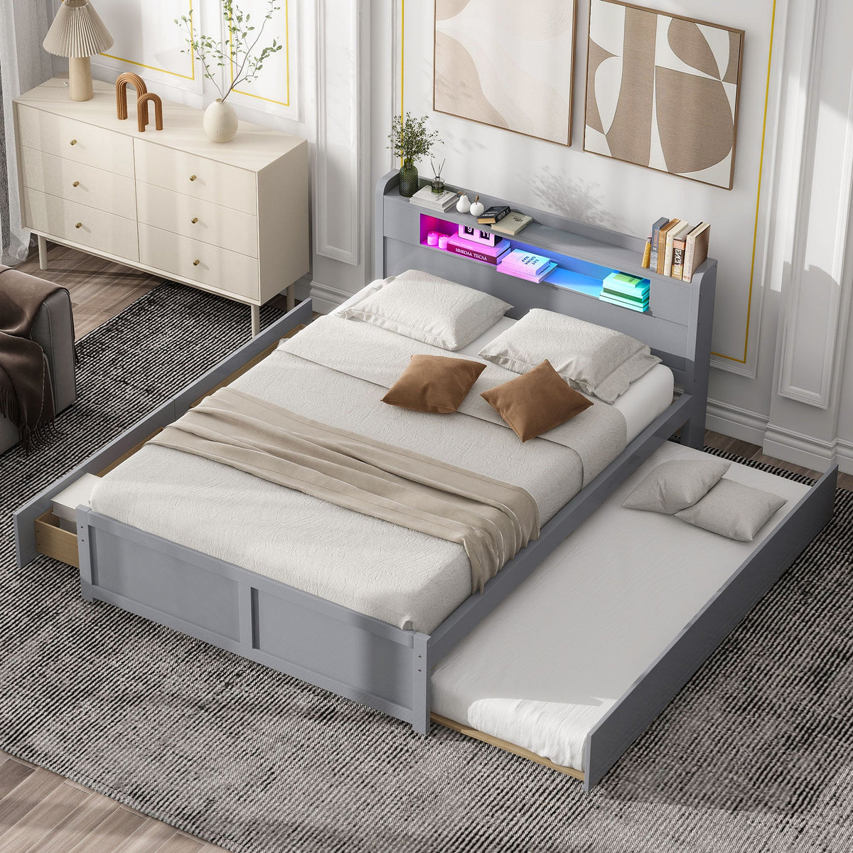 Queen Size Wood Storage Platform Bed with LED, 2 Drawers and 1 Twin Size Trundle