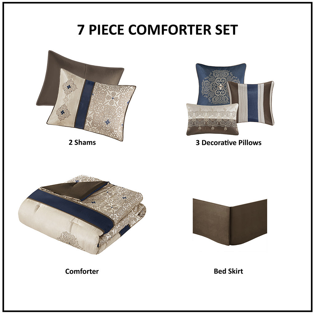 King 7 Piece Jacquard Comforter Set with Throw Pillows