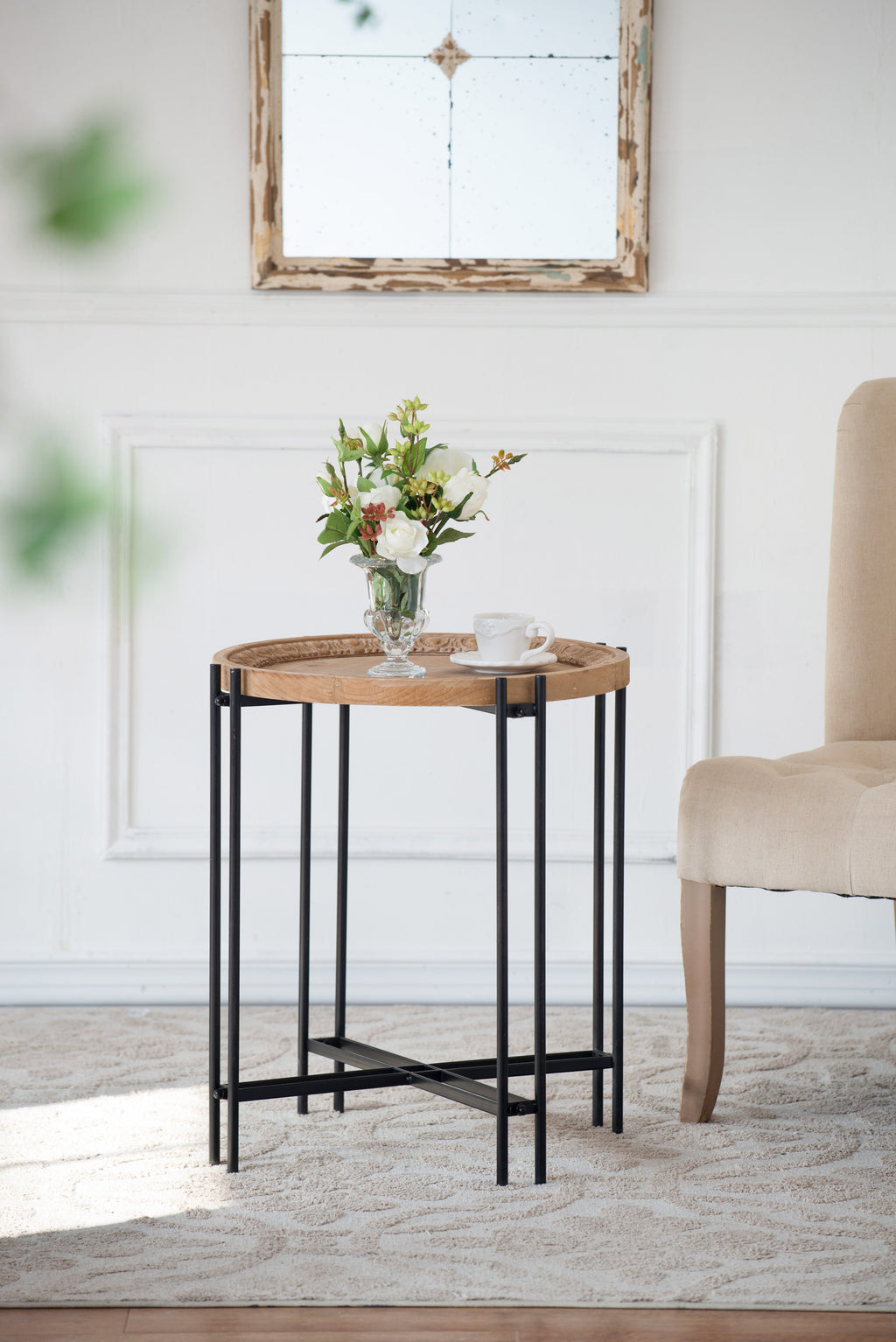 21.5" x 24" Round Side Table With Wood Top