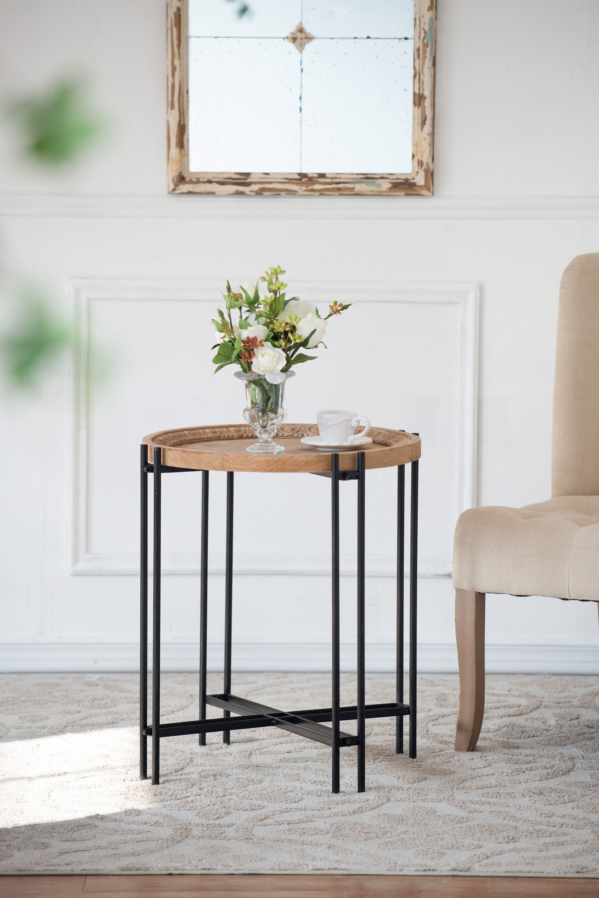 21.5" x 24" Round Side Table With Wood Top