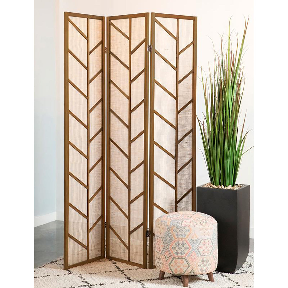 Walnut and Jute Three-Panel Folding Screen
