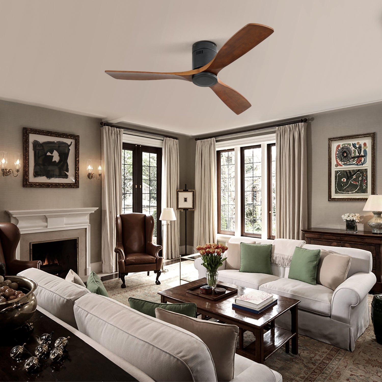 52 Inch Indoor Wooden Ceiling Fan With 3 Solid Wood Blades