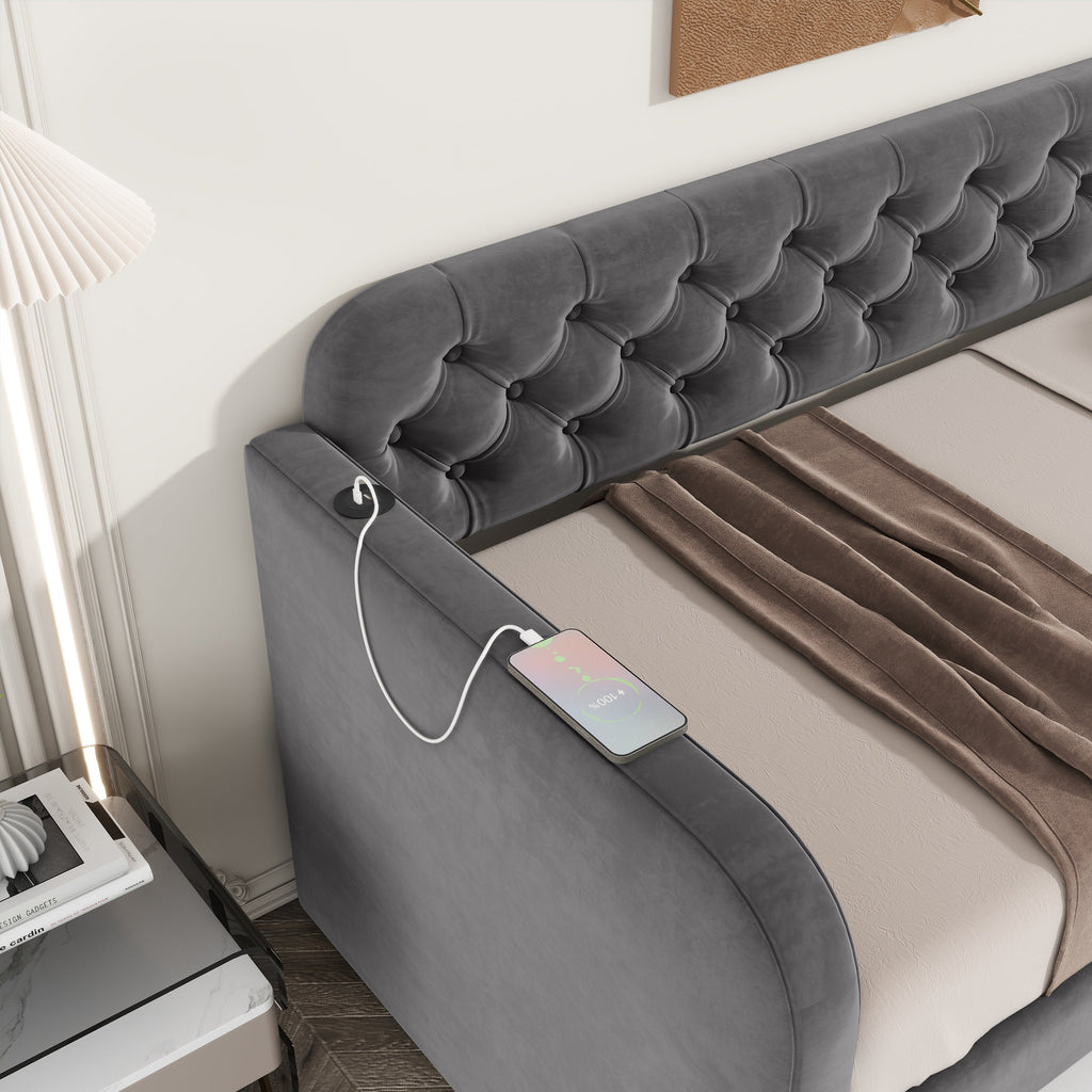 Twin Size Upholstered Daybed with Trundle and USB Charging