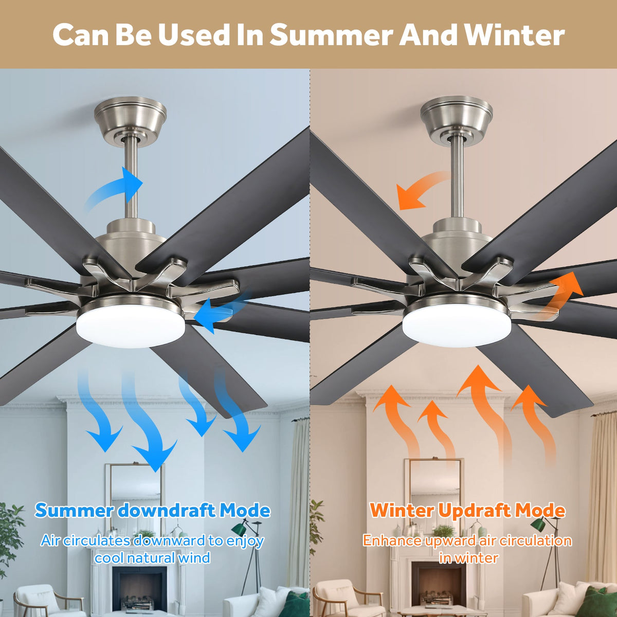 66 Inch Large Ceiling Fan With Dimmable Led Light