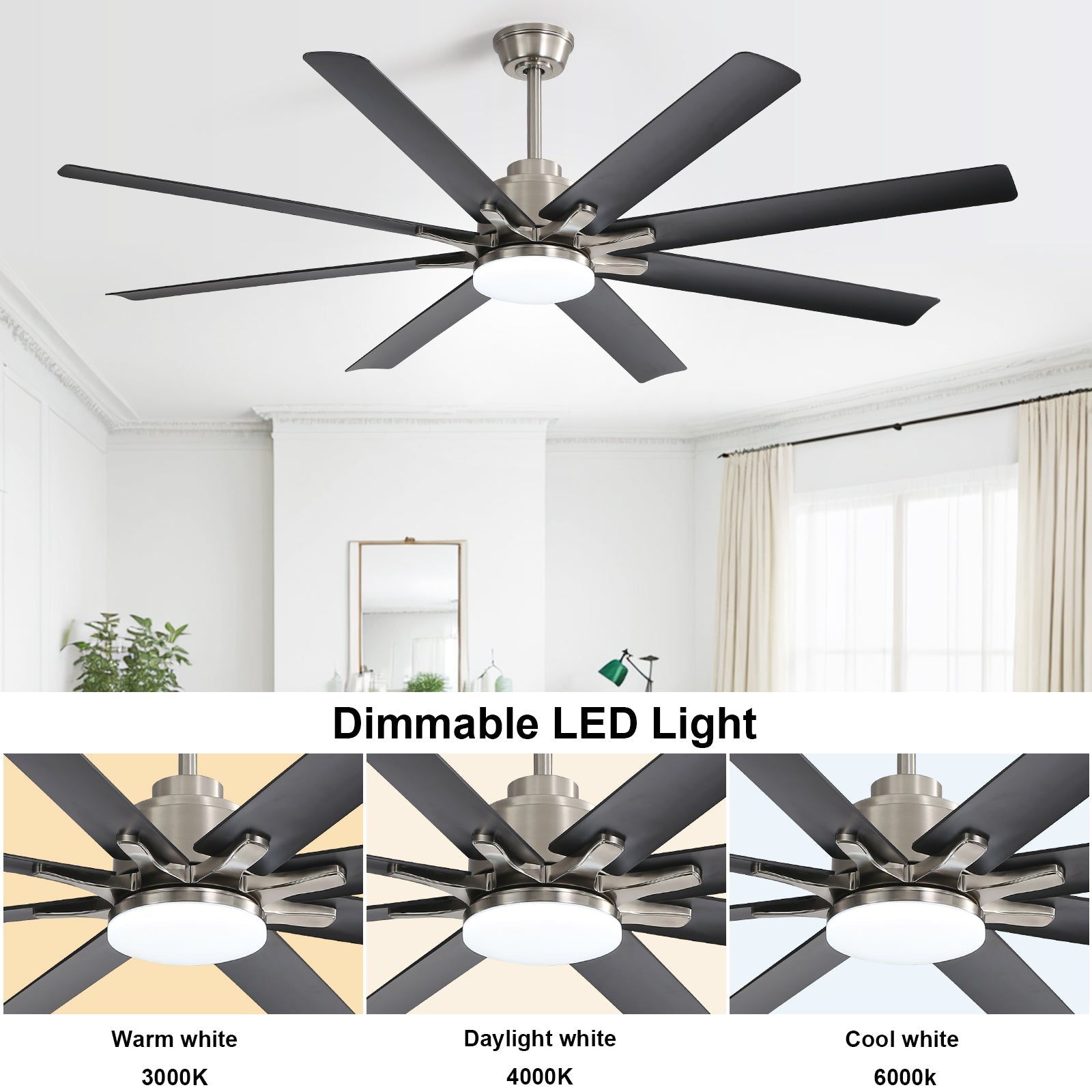 66 Inch Large Ceiling Fan With Dimmable Led Light