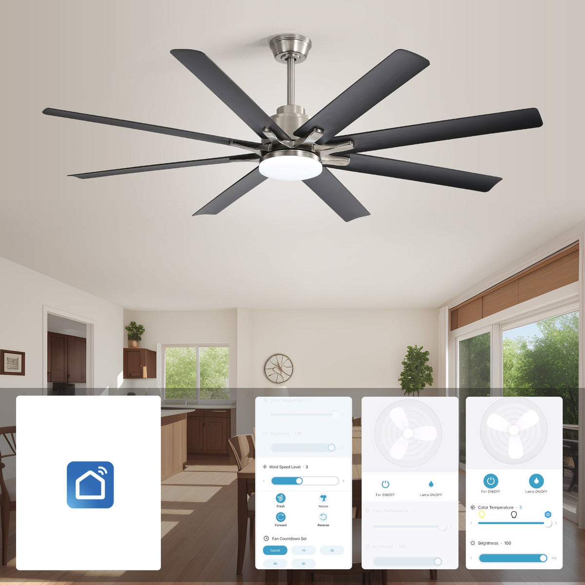 66 Inch Large Ceiling Fan With Dimmable Led Light
