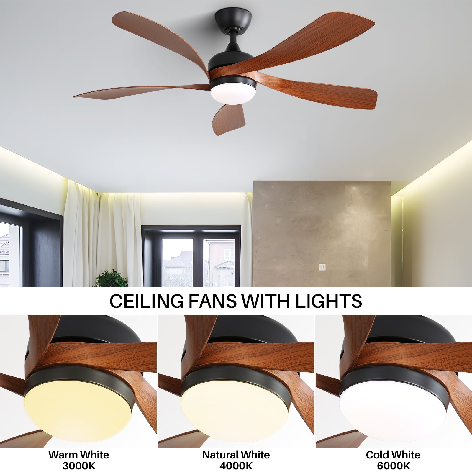 52 Inch Indoor Ceiling Fan With 3 Color Dimmable 5 ABS Blades Remote Control Reversible DC Motor