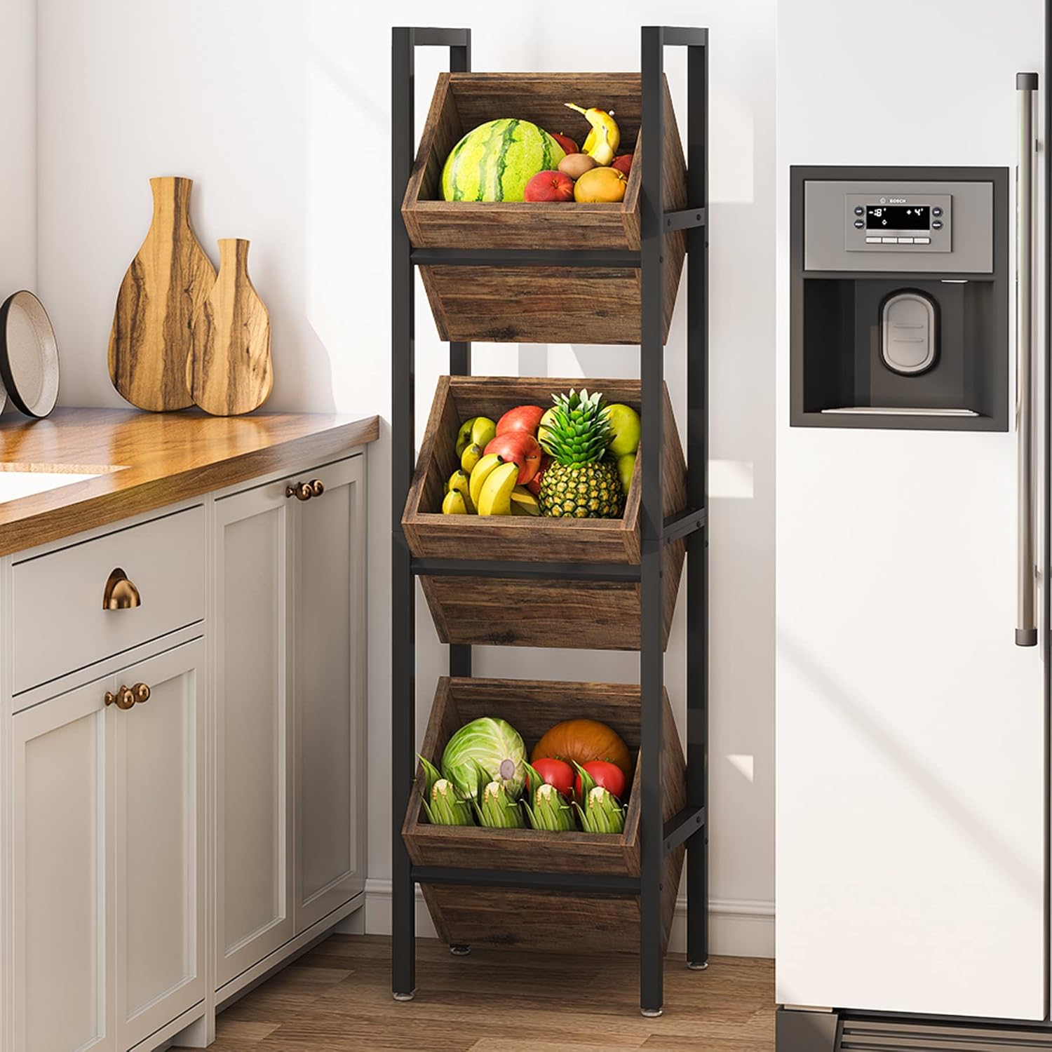 15" 3-Tier Industrial Basket Stand with Angled Baskets