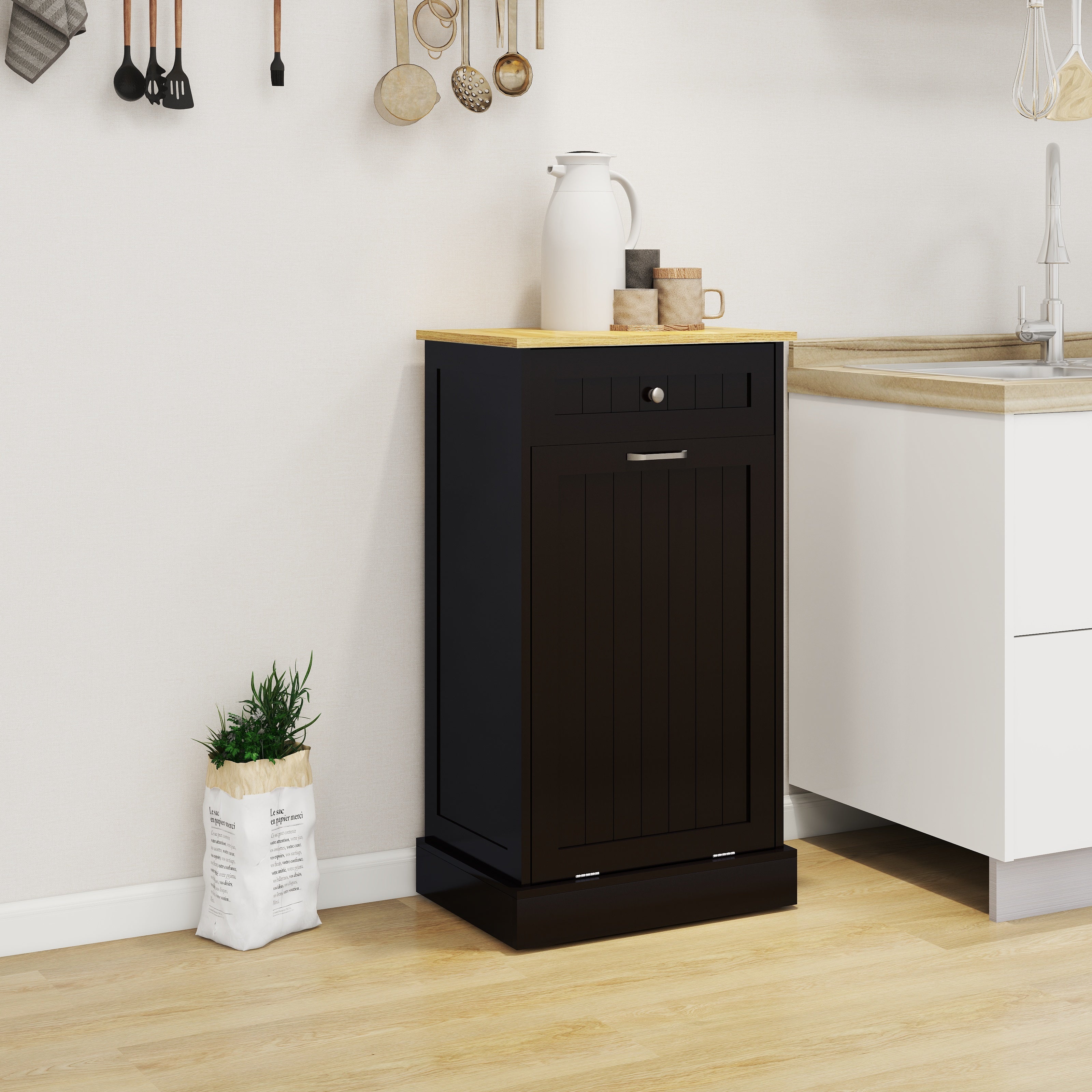 One Drawer and One-Compartment Tilt-Out Trash Cabinet - Black