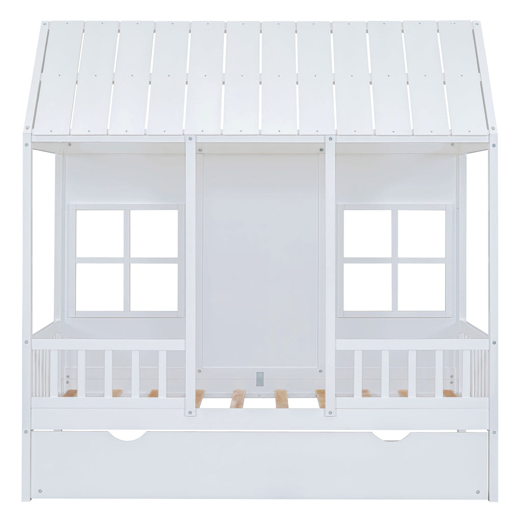 Twin Size Wood House Bed With Twin Size Trundle