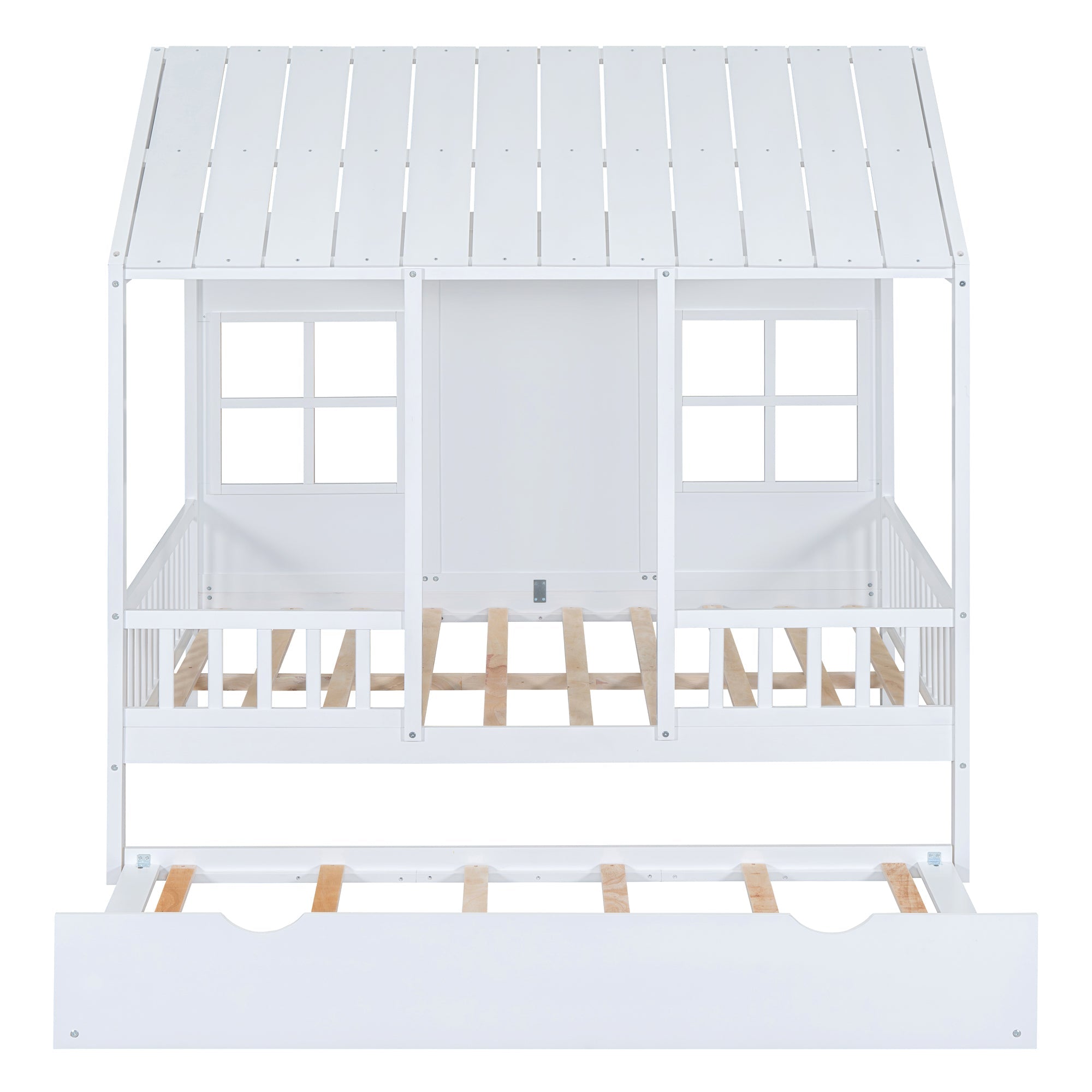 Full Size Wood House Bed With Twin Size Trundle