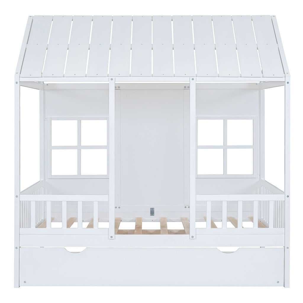 Full Size Wood House Bed With Twin Size Trundle