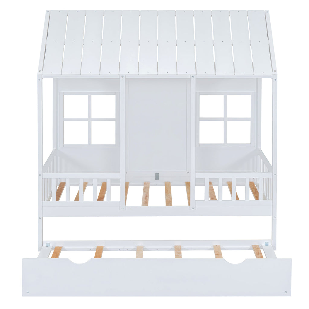 Twin Size Wood House Bed With Twin Size Trundle