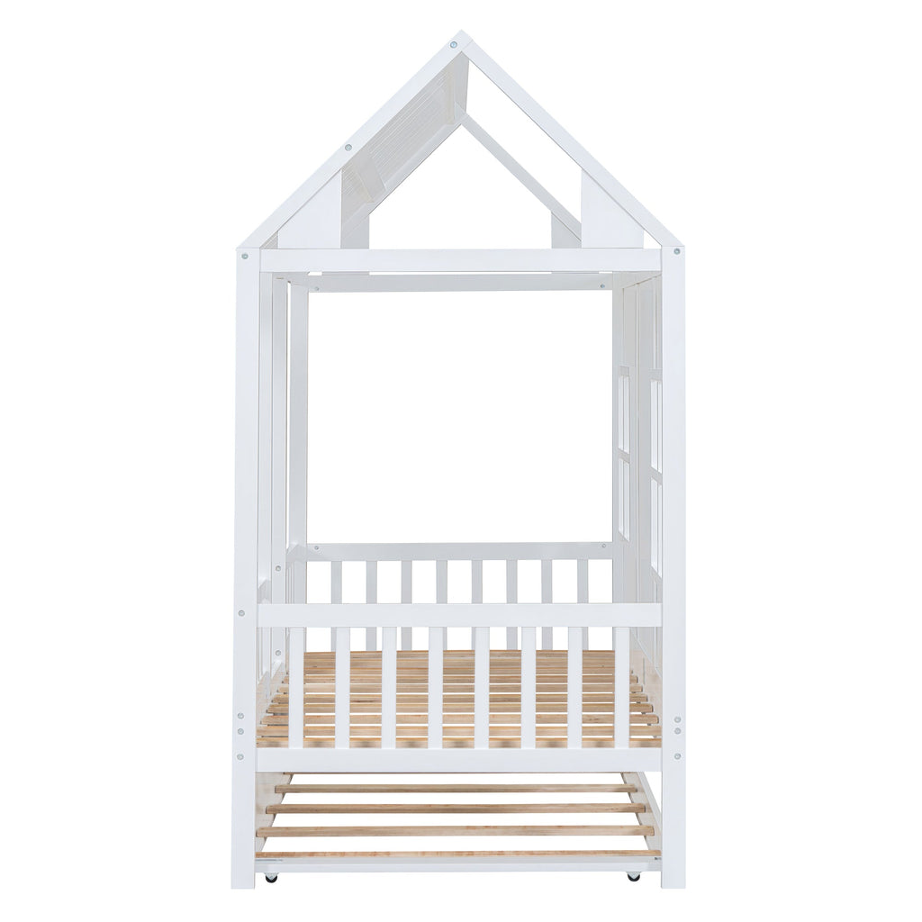 Twin Size Wood House Bed With Twin Size Trundle