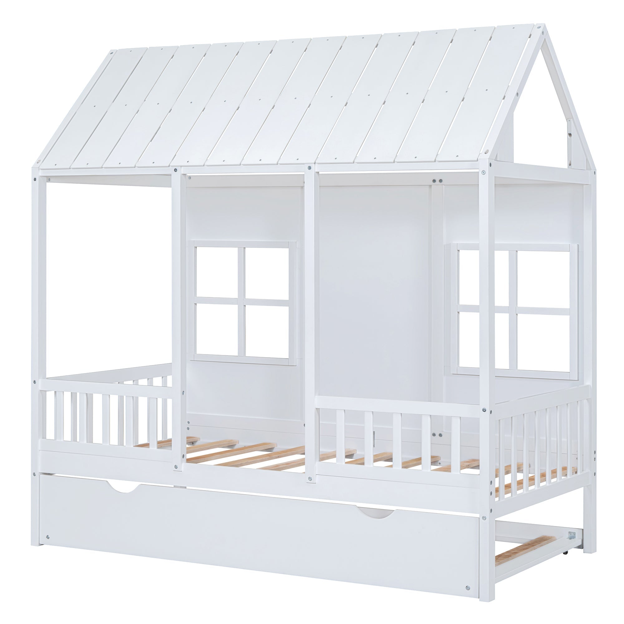 Twin Size Wood House Bed With Twin Size Trundle