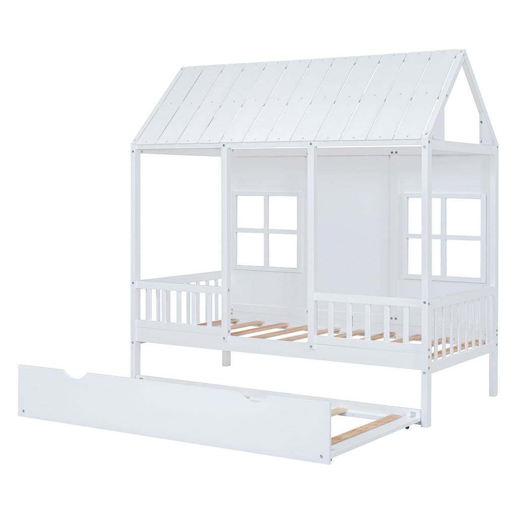 Twin Size Wood House Bed With Twin Size Trundle