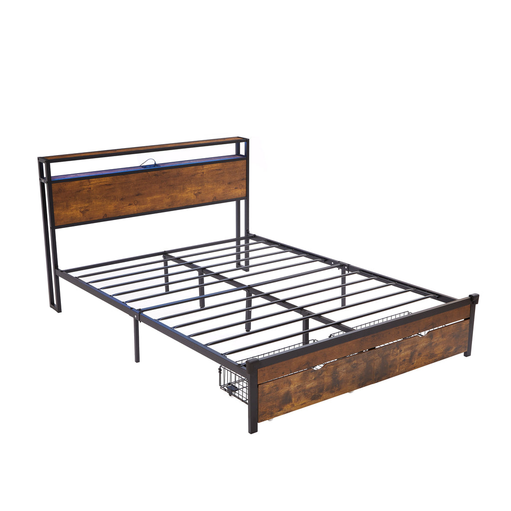 Queen Size Metal Platform Bed Frame with Wooden Headboard