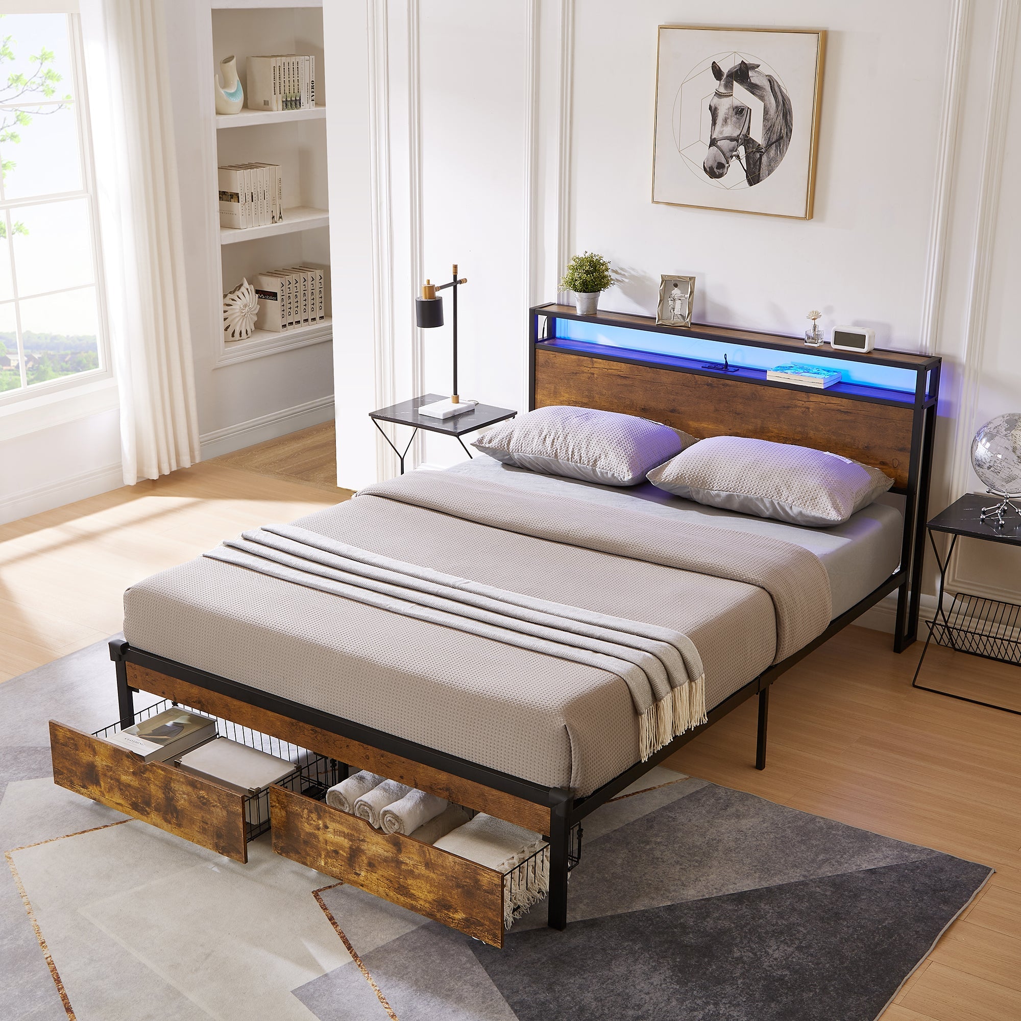 Queen Size Metal Platform Bed Frame with Wooden Headboard