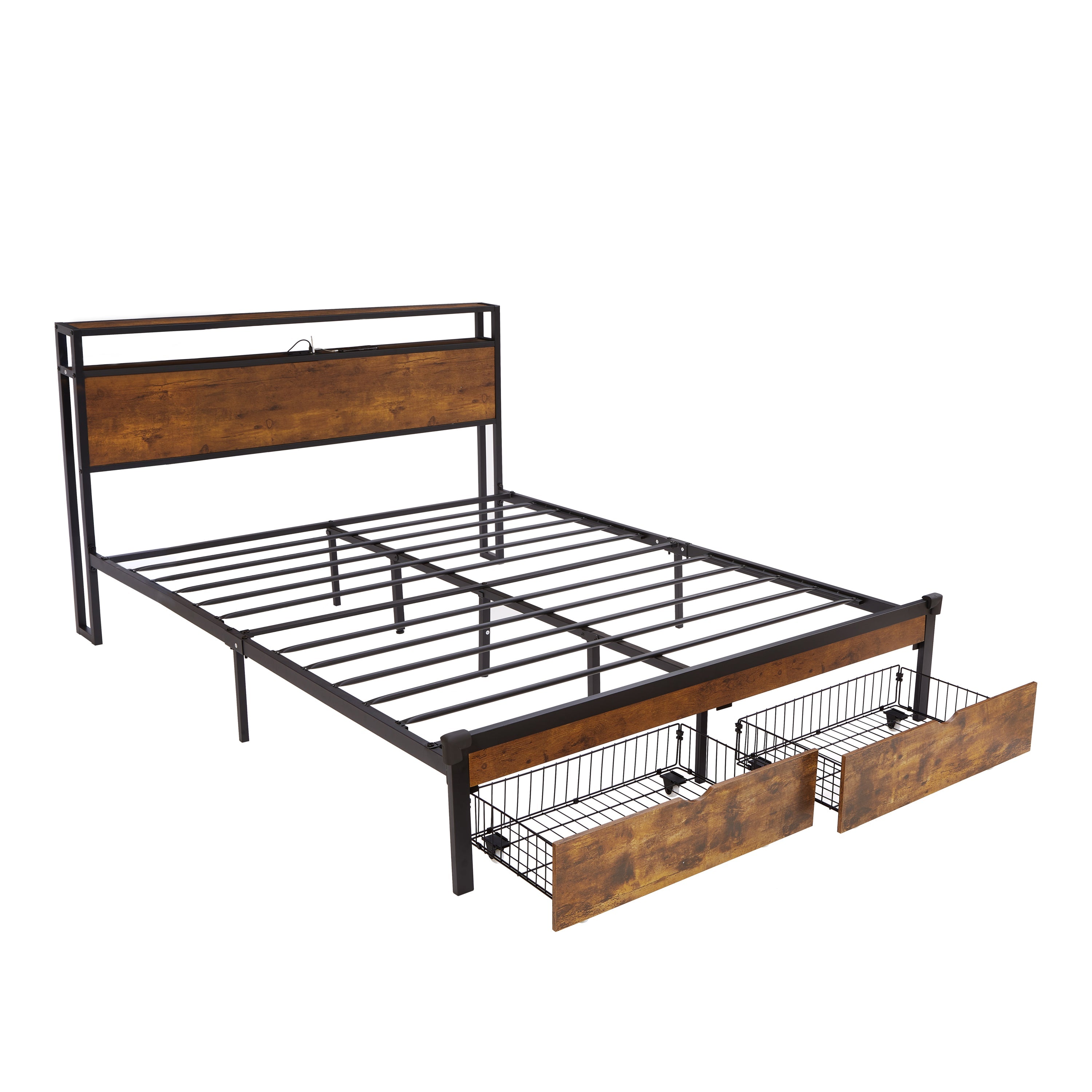 Queen Size Metal Platform Bed Frame with Wooden Headboard