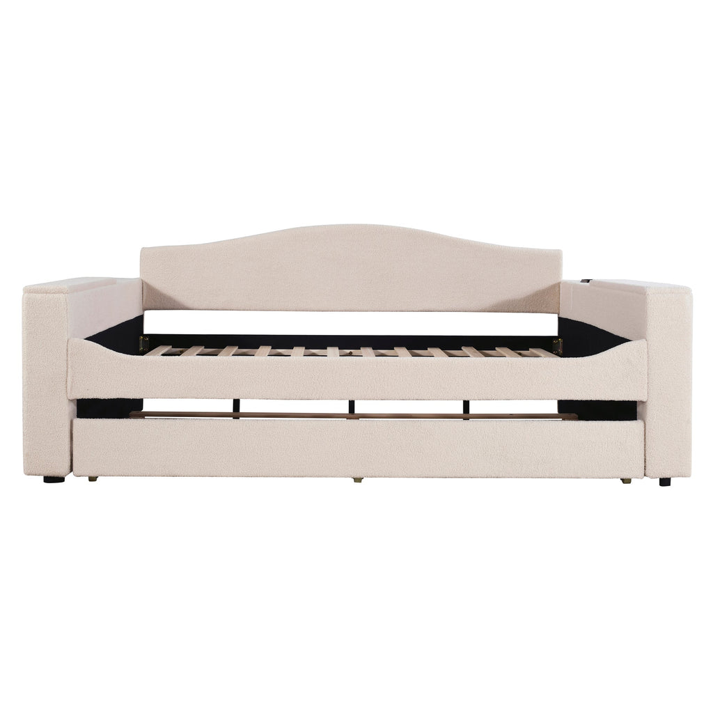 Full Size Upholstered Daybed with Storage Armrests and Trundle