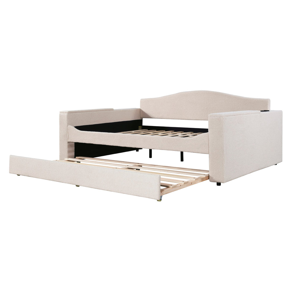 Full Size Upholstered Daybed with Storage Armrests and Trundle