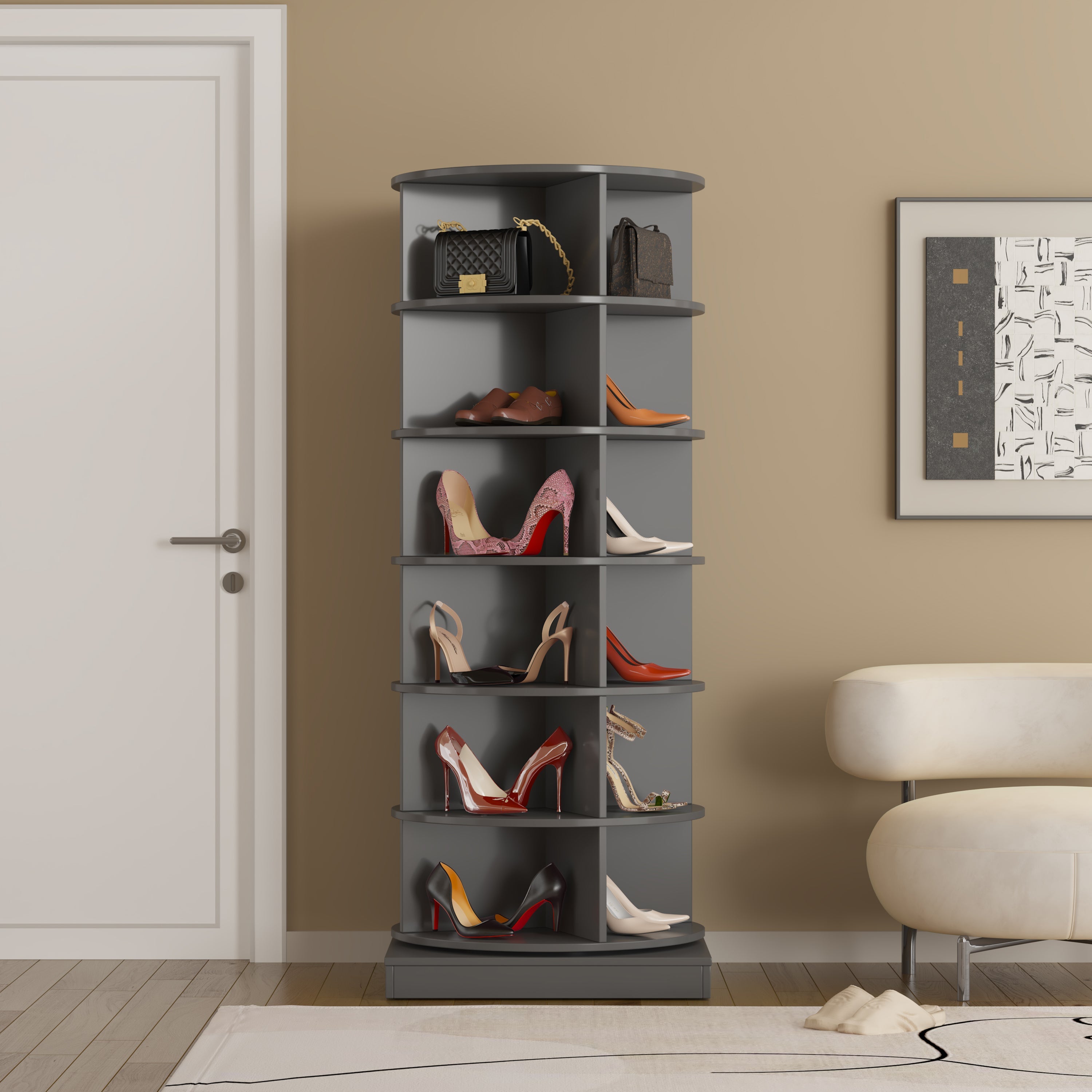 Grey 360 Rotating Shoe Cabinet - 6 Layers