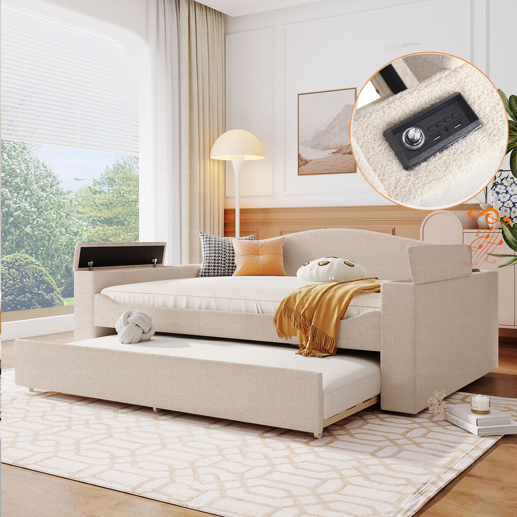 Full Size Upholstered Daybed with Storage Armrests and Trundle