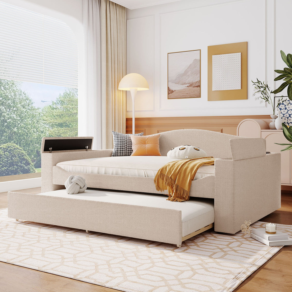 Full Size Upholstered Daybed with Storage Armrests and Trundle