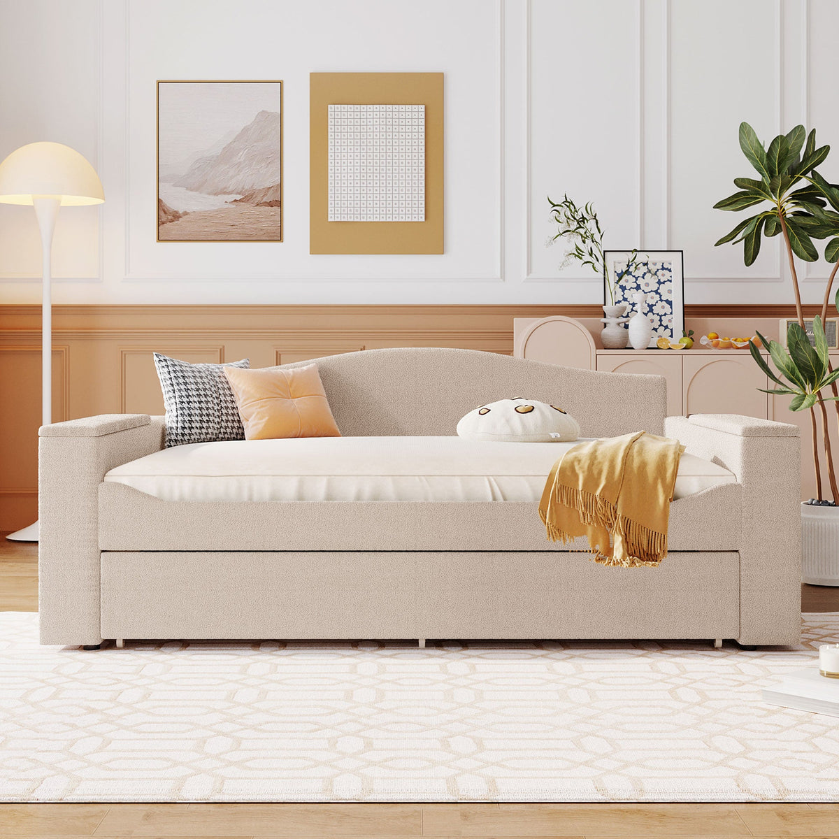 Full Size Upholstered Daybed with Storage Armrests and Trundle