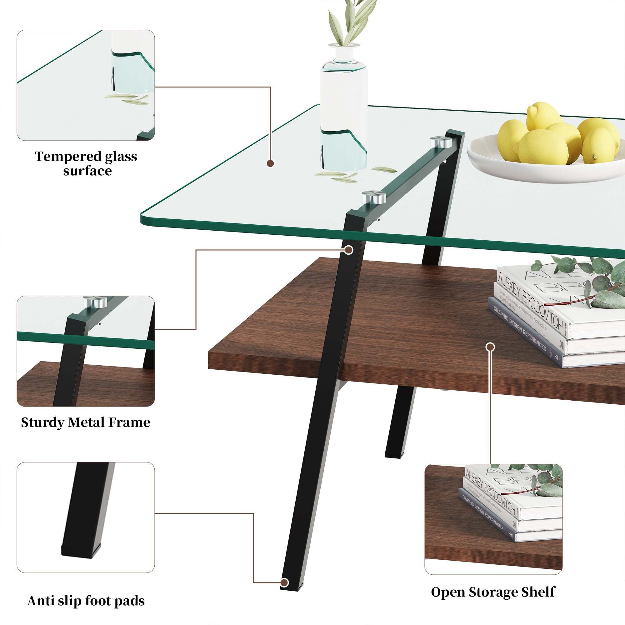 Rectangle Coffee Table with Tempered Glass Top