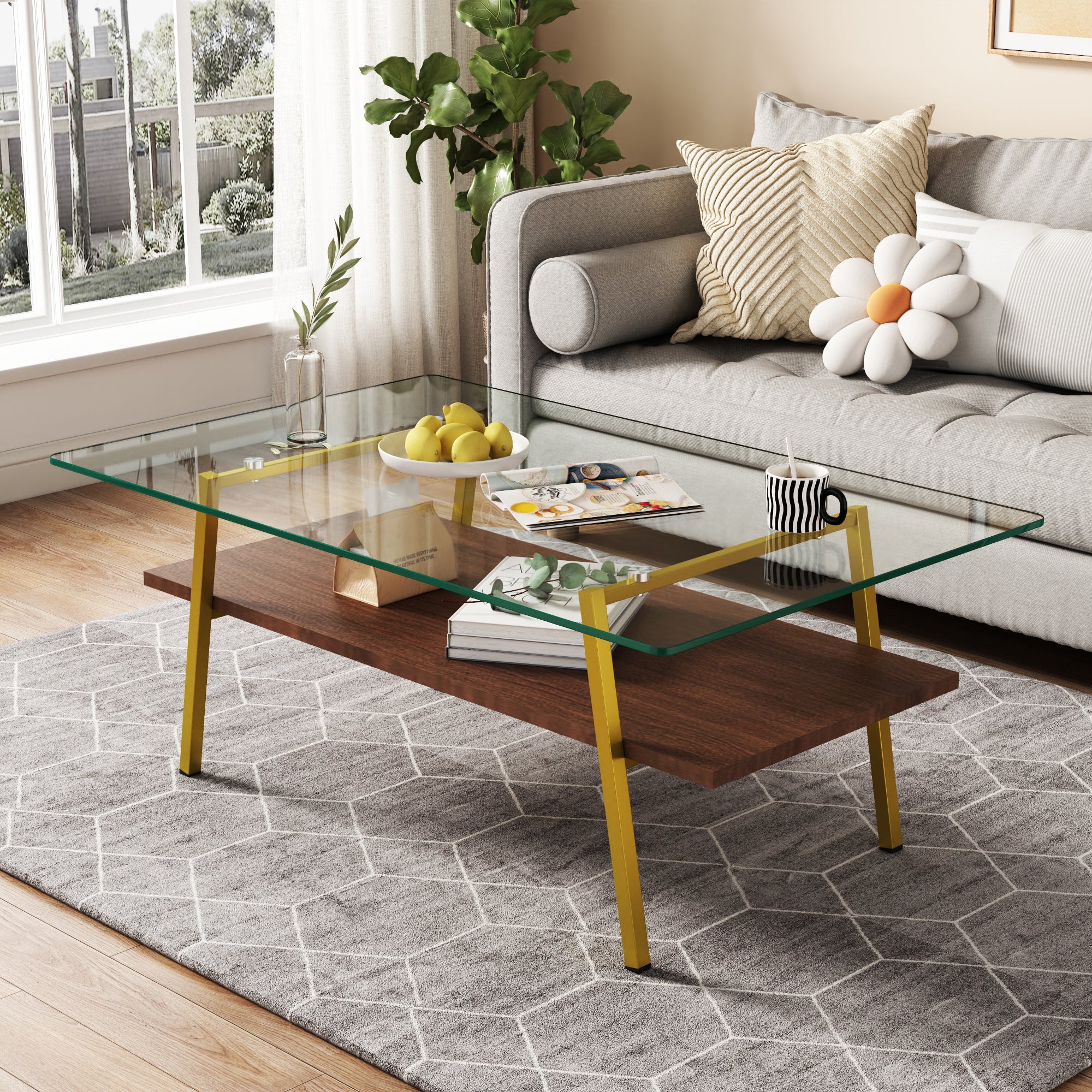 Rectangle Coffee Table with Tempered Glass Tabletop