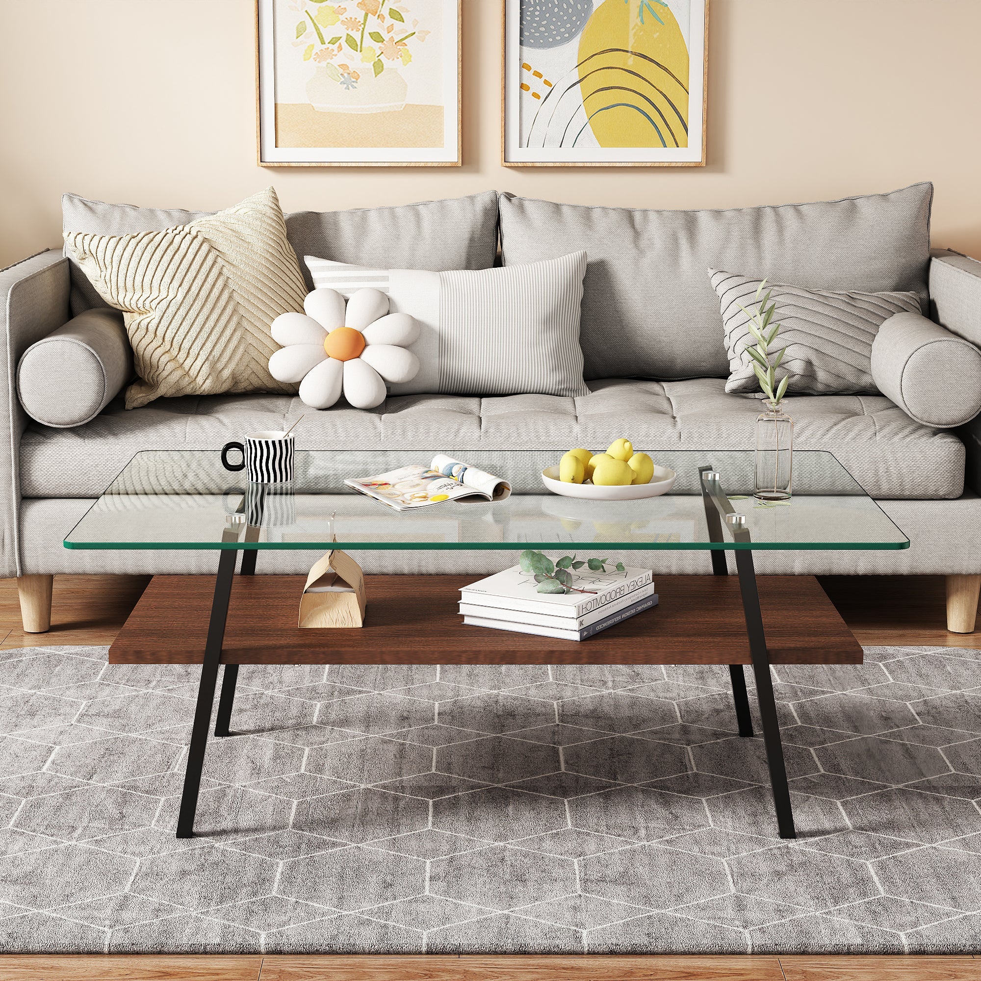Rectangle Coffee Table with Tempered Glass Top