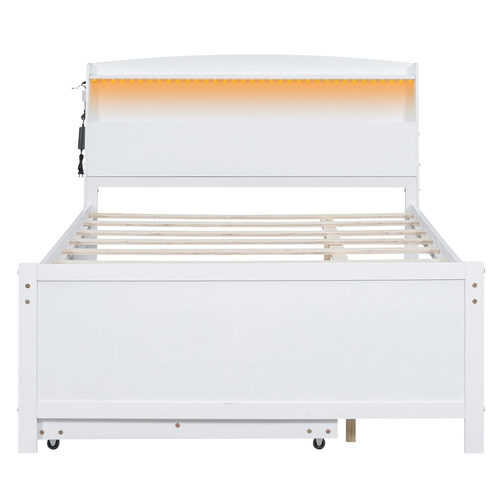 Full Size Platform Bed with Storage LED Headboard, Twin Size Trundle and 3 Drawers