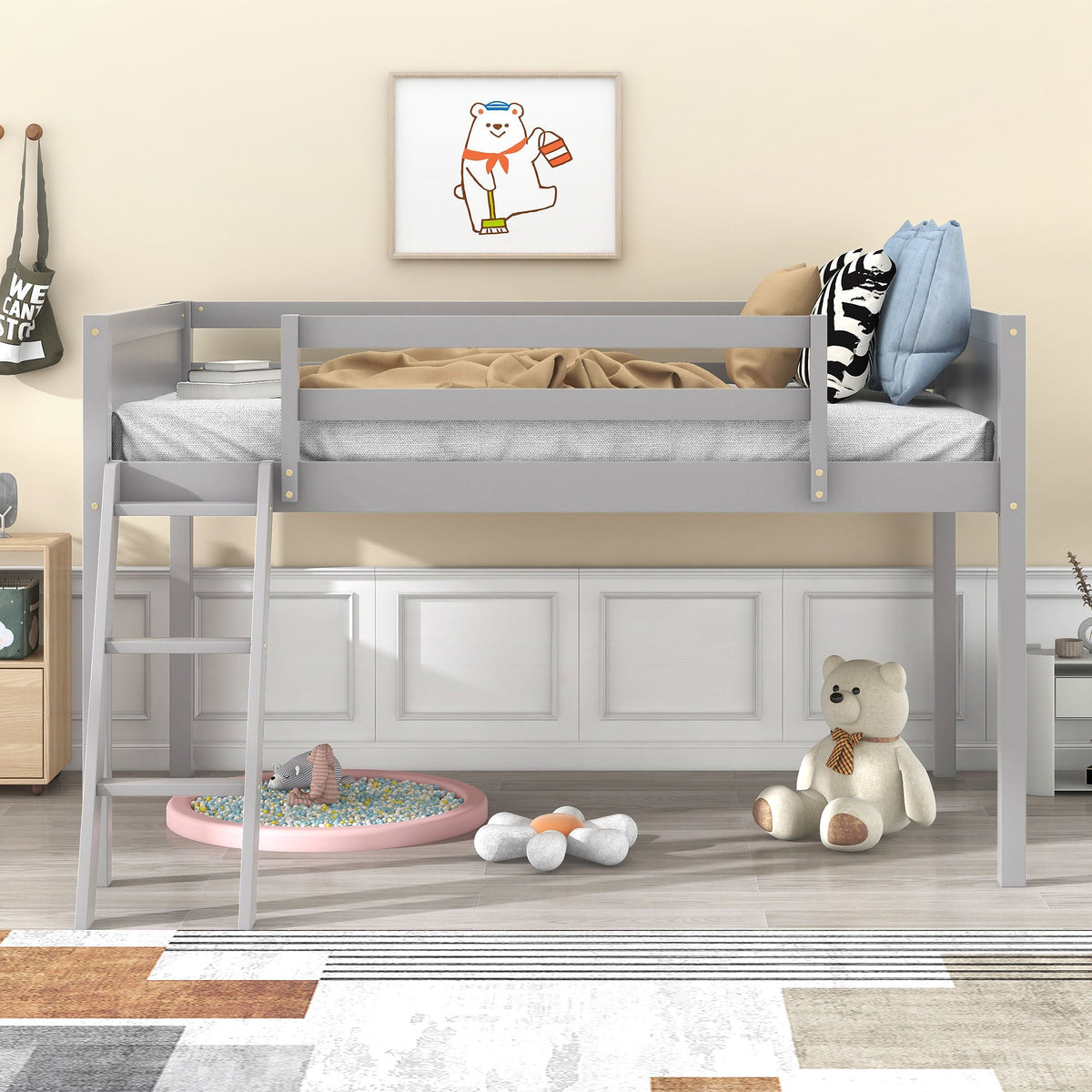 Twin Size Wood Low Loft Bed with Ladder